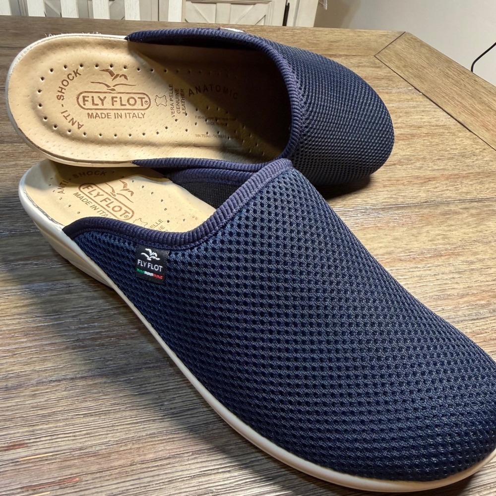 Fly Flot Navy Blue Mesh Anti-Shock Anatomic Wedge Clog Mule Made In Italy 41 9.5